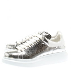 Pre Owned Alexander McQueen Metallic Silver/White Leather Classic Larry Platform Lace Up Sneakers Size 40.5