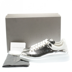 Pre Owned Alexander McQueen Metallic Silver/White Leather Classic Larry Platform Lace Up Sneakers Size 40.5