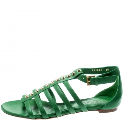 Pre Owned Alexander McQueen Green Leather Spike Detail Flat Gladiator Sandals Size 39