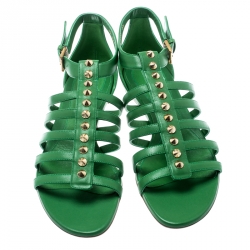 Pre Owned Alexander McQueen Green Leather Spike Detail Flat Gladiator Sandals Size 39