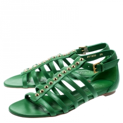 Pre Owned Alexander McQueen Green Leather Spike Detail Flat Gladiator Sandals Size 39