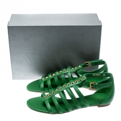 Pre Owned Alexander McQueen Green Leather Spike Detail Flat Gladiator Sandals Size 39