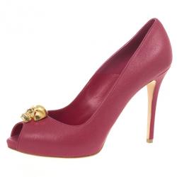 Pre Owned Alexander McQueen Pink Leather Skull Detail Peep Toe Pumps Size 40