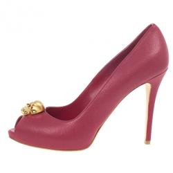 Pre Owned Alexander McQueen Pink Leather Skull Detail Peep Toe Pumps Size 40