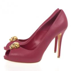 Pre Owned Alexander McQueen Pink Leather Skull Detail Peep Toe Pumps Size 40