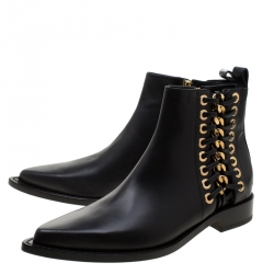 Pre Owned Alexander McQueen Black Leather Biker Eyelet Detail Ankle Boots Size 38