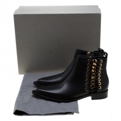 Pre Owned Alexander McQueen Black Leather Biker Eyelet Detail Ankle Boots Size 38