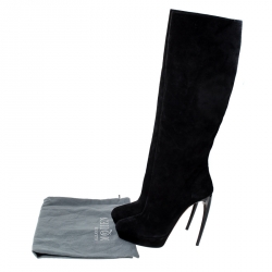 Pre Owned Alexander McQueen Black Suede Curved Heel Platform Knee Length Boots Size 39