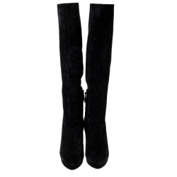 Pre Owned Alexander McQueen Black Suede Curved Heel Platform Knee Length Boots Size 39