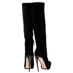 Pre Owned Alexander McQueen Black Suede Platform Curved Heel Knee Length Boots Size 40