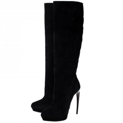 Pre Owned Alexander McQueen Black Suede Platform Curved Heel Knee Length Boots Size 40