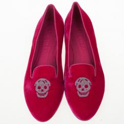 Pre Owned Alexander McQueen Pink Velvet Glitter Skull Smoking Slippers Size 39.5 