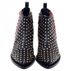 Pre Owned Alexander McQueen Black Leather Studded Chain Detail Pointed Toe Ankle Boots Size 39