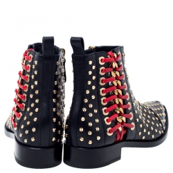 Pre Owned Alexander McQueen Black Leather Studded Chain Detail Pointed Toe Ankle Boots Size 39