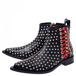 Pre Owned Alexander McQueen Black Leather Studded Chain Detail Pointed Toe Ankle Boots Size 39