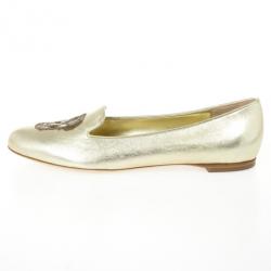 Pre Owned Alexander McQueen Gold Metallic Leather Skull Smoking Slippers Size 37.5 
