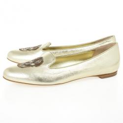 Pre Owned Alexander McQueen Gold Metallic Leather Skull Smoking Slippers Size 37.5 