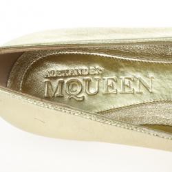 Pre Owned Alexander McQueen Gold Metallic Leather Skull Smoking Slippers Size 37.5 