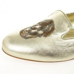 Pre Owned Alexander McQueen Gold Metallic Leather Skull Smoking Slippers Size 37.5 