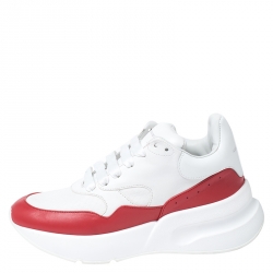 Pre Owned Alexander McQueen White/Red Leather And Canvas Larry Low Top Sneakers Size 38.5