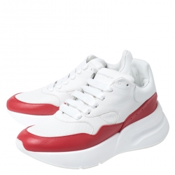 Pre Owned Alexander McQueen White/Red Leather And Canvas Larry Low Top Sneakers Size 38.5