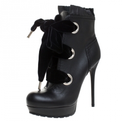 Pre Owned Alexander McQueen Black Leather and Velvet Lace Up Platform Ankle Boots Size 39