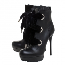 Pre Owned Alexander McQueen Black Leather and Velvet Lace Up Platform Ankle Boots Size 39