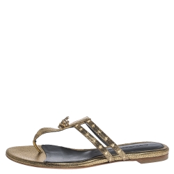 Pre Owned Alexander McQueen Metallic Gold Leather Embellished Skull Flat Thong Sandals Size 37