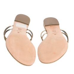 Pre Owned Alexander McQueen Metallic Gold Leather Embellished Skull Flat Thong Sandals Size 37