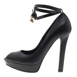 Pre Owned Alexander McQueen Black Leather Ankle Strap Peep Toe Pumps Size 41