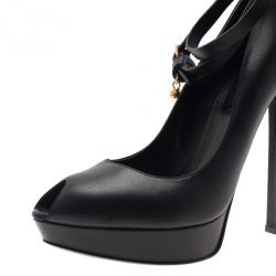 Pre Owned Alexander McQueen Black Leather Ankle Strap Peep Toe Pumps Size 41