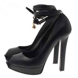 Pre Owned Alexander McQueen Black Leather Ankle Strap Peep Toe Pumps Size 41