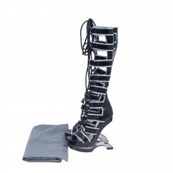 Pre Owned Alexander McQueen Black Glossed Python and Metallic Leather Gladiator Sandals Size 37