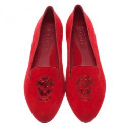 Pre Owned Alexander McQueen Red Suede Skull Smoking Slippers Size 40