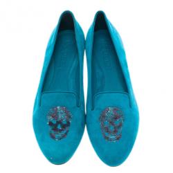 Pre Owned Alexander McQueen Blue Suede Skull Smoking Slippers Size 40
