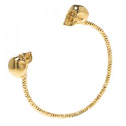 Pre Owned Alexander McQueen Twin Skull Gold Tone Open Cuff Bracelet 19cm