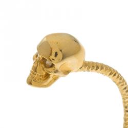 Pre Owned Alexander McQueen Twin Skull Gold Tone Open Cuff Bracelet 19cm