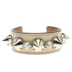 Pre Owned Alexander McQueen Pink Spiked Crystal Leather Open Cuff Bracelet