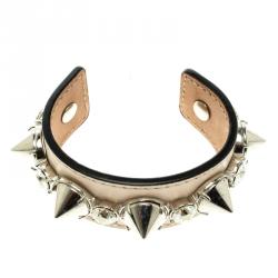 Pre Owned Alexander McQueen Pink Spiked Crystal Leather Open Cuff Bracelet