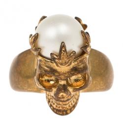 Pre Owned Alexander McQueen Gold Pearl Crown Skull Ring Size 50.5