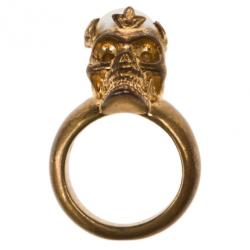 Pre Owned Alexander McQueen Gold Pearl Crown Skull Ring Size 50.5