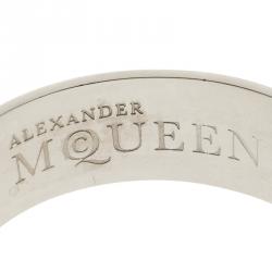 Pre Owned Alexander Mcqueen Black & Cream Enamel Skull Silver Tone Wide Bracelet