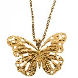 Pre Owned Alexander McQueen Butterfly Gold Tone Pendant Necklace
