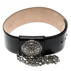Pre Owned Alexander McQueen Black Leather and Chain Waist Belt 70cm