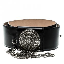 Pre Owned Alexander McQueen Black Leather and Chain Waist Belt 70cm
