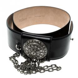 Pre Owned Alexander McQueen Black Leather and Chain Waist Belt 70cm