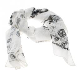 Pre Owned Alexander McQueen Off White Sprayed Skull Printed Cotton Scarf