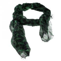 Pre Owned Alexander McQueen Green and Black Skull and Animal Print Silk Cashmere Scarf