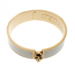 Pre Owned Alexander McQueen Skull Detailed White Enamel Gold Tone Bangle Bracelet