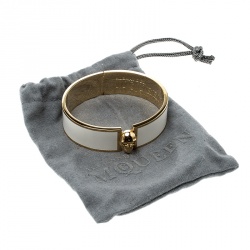 Pre Owned Alexander McQueen Skull Detailed White Enamel Gold Tone Bangle Bracelet